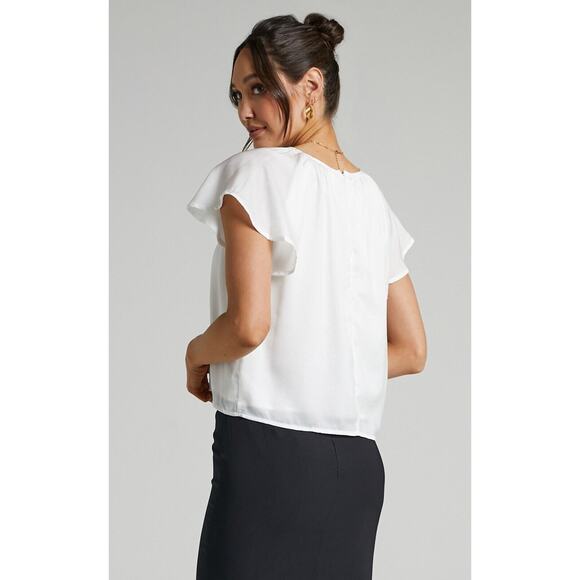 Showpo Demmi Top Womens 6 White Round Neck Keyhole Cutout Flutter Sleeve Lined - Picture 14 of 15
